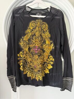 Aldo Martins Black Long-Sleeve Mesh Top with Gold Baroque Medallion